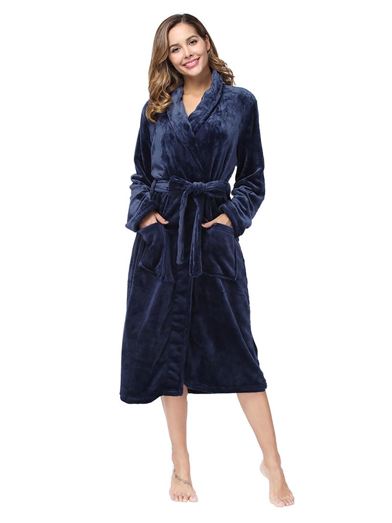 RONGTAI Womens Bathrobe Ladies Fleece Plush Warm Long Robes (Medium,Navy Blue) - Image 1